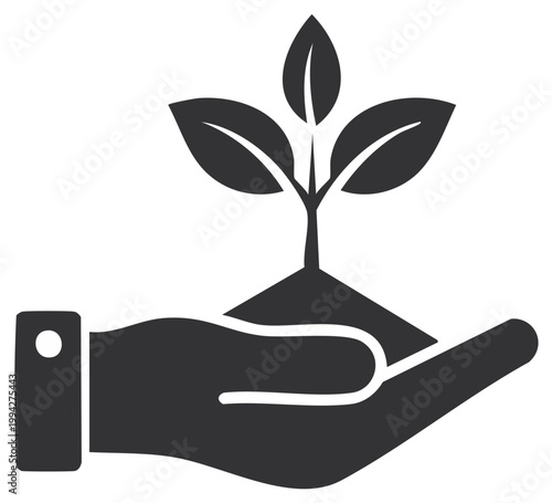 Hand holding young plant growing from soil in a nurturing gesture