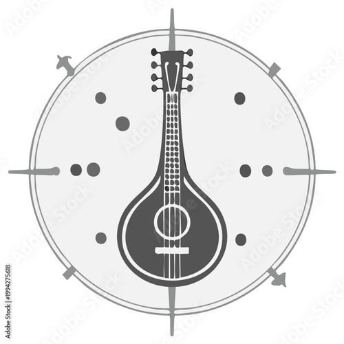 Abstract stylized mandolin or lute instrument emblem with compass rose and abstract dots in grayscale