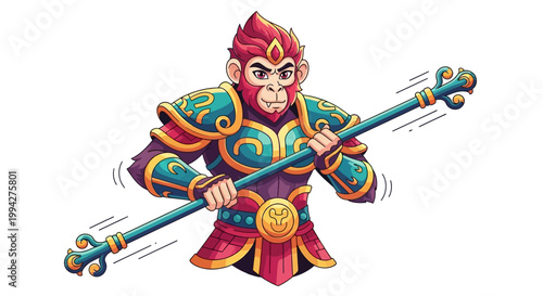 A vibrant vector illustration of Sun Wukong, the Monkey King, wielding his magic wand, presented in a cartoon style against a clean white background, conveying a sense of mythological power