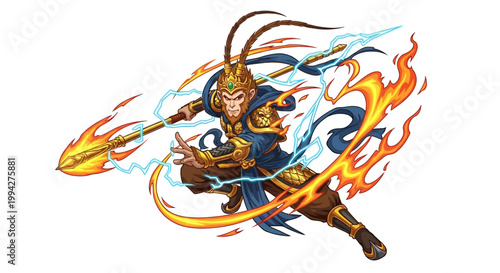 A vibrant vector illustration of Sun Wukong, the Monkey King, wielding a magic wand amid swirling flames and electric arcs, presented as a detailed character design with a dynamic pose