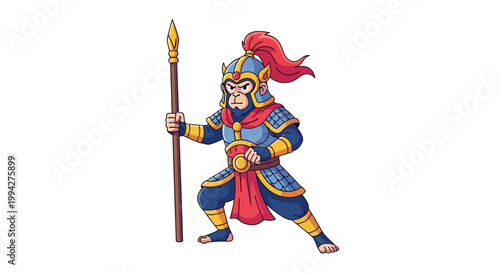 A cartoon illustration of Sun Wukong, the Monkey King, depicted as a mythological figure in full battle armor and wielding a magic wand, presented in a vibrant vector design against a clean