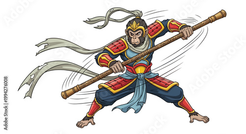 A stylized vector illustration depicts Sun Wukong, the Monkey King, in a dynamic pose wielding his magic wand, set against a clean white background with vibrant colors and cartoon-like