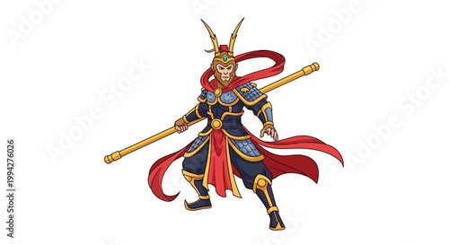 Detailed vector illustration of the Monkey King, Sun Wukong, a mythological figure wielding a magic wand with a dynamic pose, set against a clean white background with vibrant colors