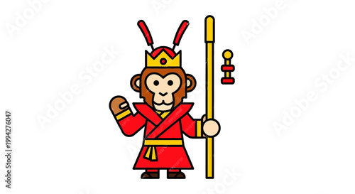 Flat vector illustration of Sun Wukong, a mythological figure, standing with his magic wand, designed as a simple character icon against a clean white background, conveying a sense