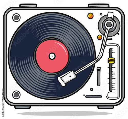 Retro record player illustration, turntable with vinyl record and stylus