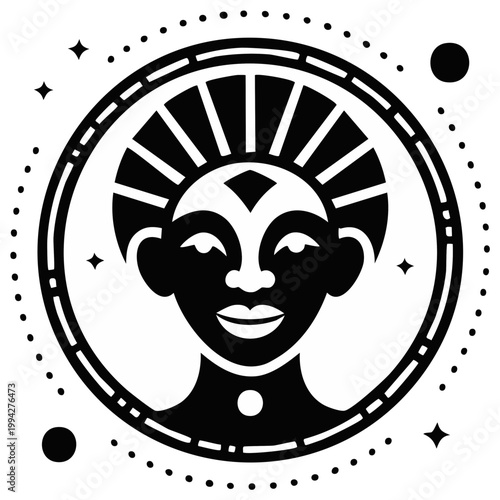 Stylized portrait of a smiling person within a decorative circular frame