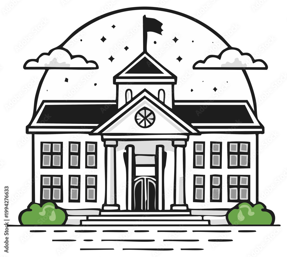 Naklejka premium Architectural Illustration of a Classic Building with Flag