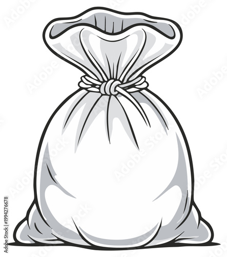 Full canvas sack tied with rope grayscale cartoon vector illustration