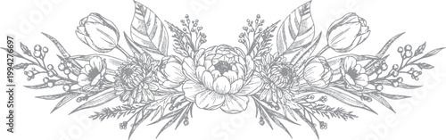 Symmetrical gray floral ornament with intricate details line art hand drawn ornament symmetrical
