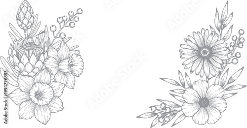 Hand-drawn floral corner arrangement with daffodils and daisies line art gray scale arrangement