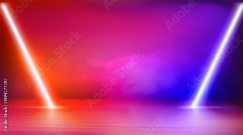 Modern studio with glowing neon lights and smoke. 3d vector illustration