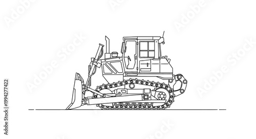 Black and White Line Art Illustration of a Heavy Construction Bulldozer