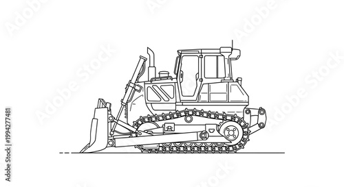 Black and White Outline Illustration of a Heavy Construction Bulldozer
