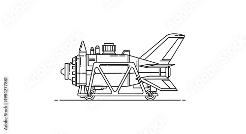 Minimalist Line Art Illustration of a Futuristic Rocket Ship on a Launch Platform