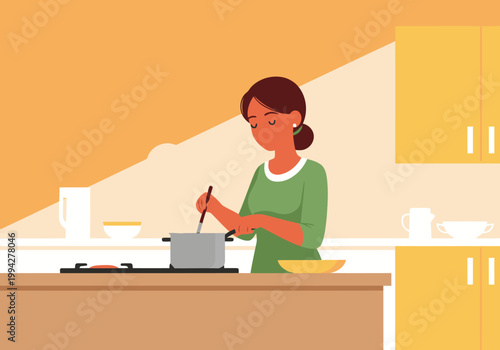 A smiling woman cooks in a bright kitchen, radiating warmth and love. A heart shape subtly appears above her. Perfect for family, food, and home themes.
