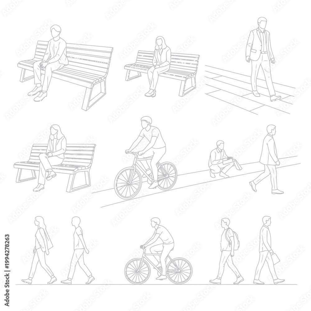 Obraz premium People Outline Collection: Benches, Biking, Walking, Sitting