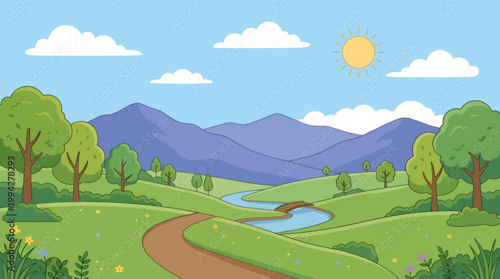 Fototapeta premium Cartoon landscape, green hills, blue mountains, sunny day, vector illustration