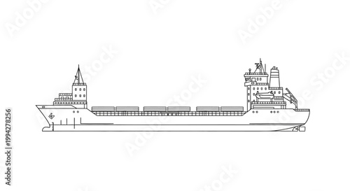 Outline Drawing of a Large Cargo Ship Side View