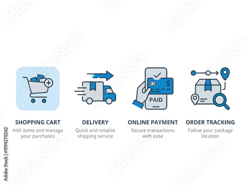 Ecommerce icons set including shopping cart, delivery, online payment, and order tracking