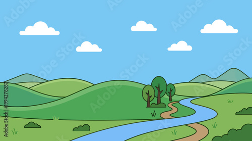 Landscape, cartoon hills, green valley, blue river, sunny sky