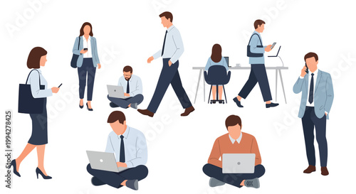 A diverse group of business professionals working on laptops and using phones in an office setting with various postures and activities