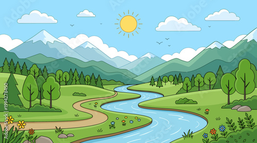 Cartoon landscape, serene river valley, green hills, sunny day