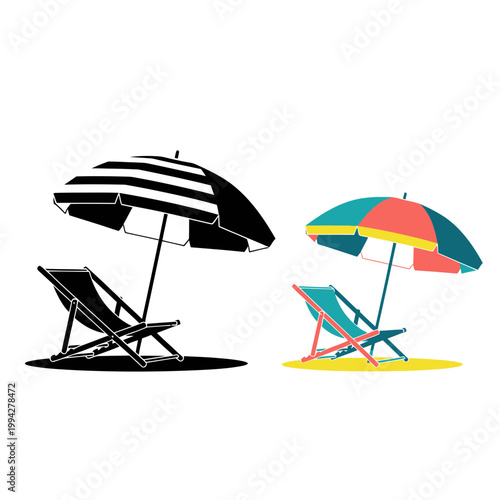 Beach Chair and Umbrella Icon Set: Color and Silhouette