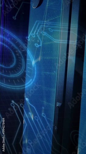 Vertical video: Vertical mesh display powering on, rotating HUD and flowing circuits showing status