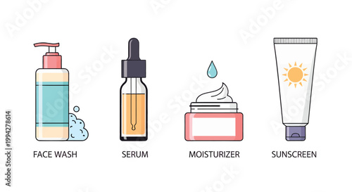 Vector illustration of various skincare products including face wash, serum, moisturizer, and sunscreen