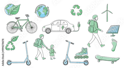 Eco friendly transportation and sustainable living concept with green illustrations of people walking, cycling, and using electric vehicles