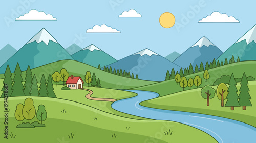 Cartoon landscape, scenic valley, river, mountains, sunny day