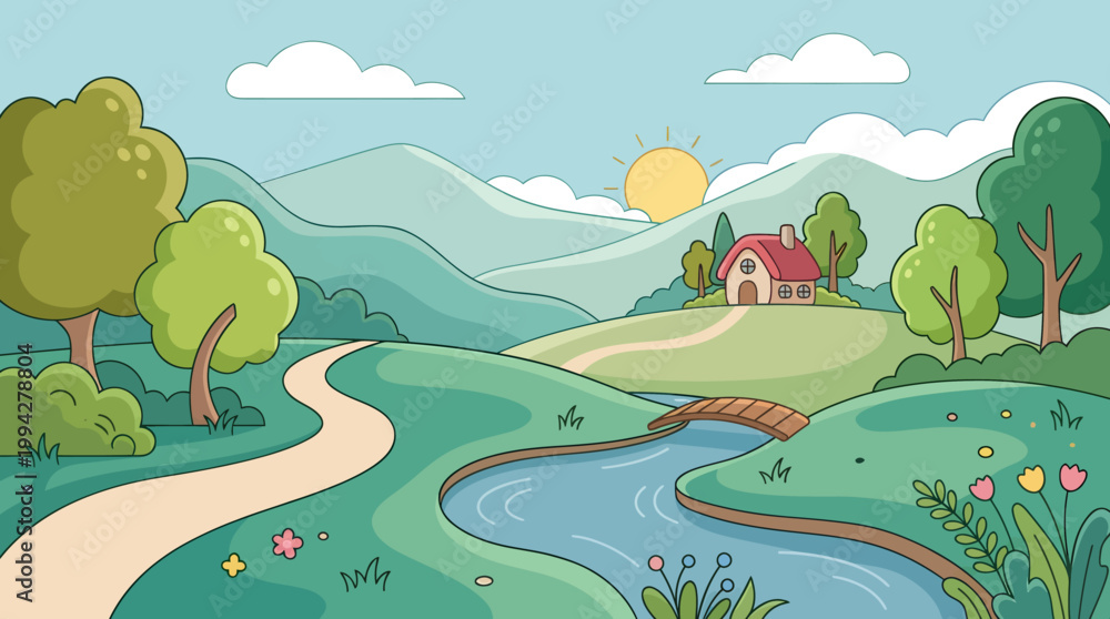 Obraz premium Cartoon landscape, sunny countryside scene, green hills, winding road