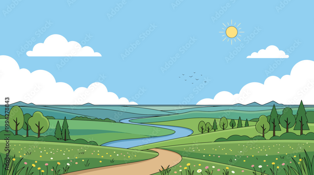 Fototapeta premium Cartoon landscape, sunny countryside, green hills, winding river
