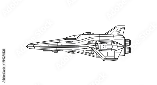 Side View Line Art of Futuristic Space Fighter Jet
