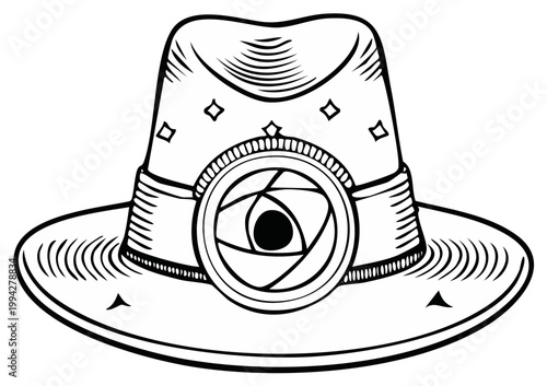 Artistic fedora hat with a stylized eye emblem and decorative diamonds