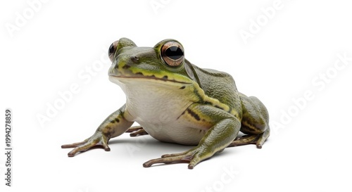 Green bullfrog sitting on white, common pond frog with smooth skin, wild amphibian portrait for nature education and biology projects isolated on White Background