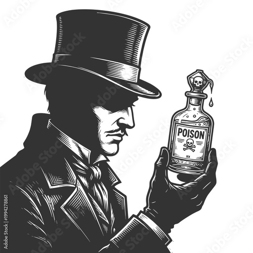 mysterious Victorian gentleman examining a poison bottle with skull label, evoking danger, crime, and gothic themes. sketch engraving generative ai vector illustration. Scratch board. Black and white.