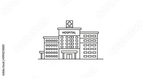 Simple Line Art Illustration of a Hospital Building