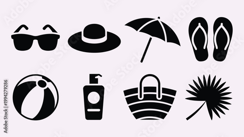 Set of summer beach icons including umbrella surfboard flip flops sunglasses