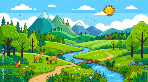 Cartoon landscape, scenic valley, mountain range, sunny day