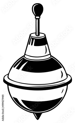 Black and white illustration of a classic spinning top toy with stripes