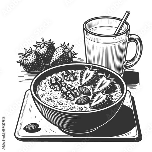 nutritious oatmeal bowl topped with strawberries, almonds, and walnuts, healthy breakfast and balanced diet sketch engraving generative ai vector illustration. Scratch board. Black and white.