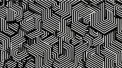 Abstract stripped pattern creating intricate three dimensional geometric shapes and optical illusion. Isometric black and white striped geometric pattern creating abstract maze