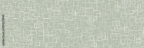 Abstract design creating a mosaic texture with white square outlines on a soft green background. Seamless geometric pattern of overlapping squares on pastel green