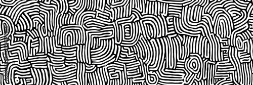 Abstract black line art creating a complex seamless labyrinth pattern on a white background. Black line art seamless pattern for design