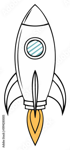 Cartoon rocket ship ascending with fire exhaust and circular window