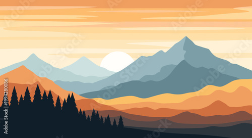 Foto A serene illustration depicting a silhouetted forest against a warm sunset sky
