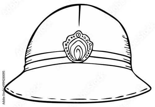 Illustrated image of a pith helmet drawing with decorative badge for travel or safari.