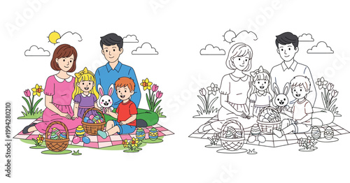 Vector illustration of a happy family celebrating Easter on a picnic with colorful eggs, baskets, and spring flowers, alongside a black and white outline version for a coloring book page.