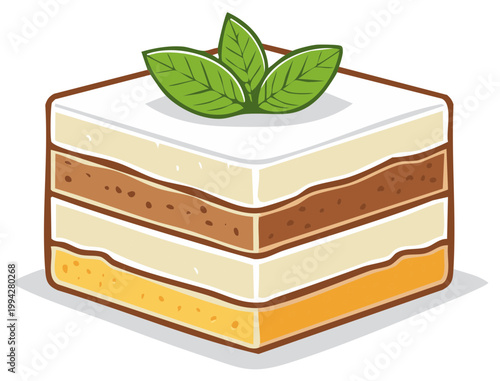 Delicious layered cake with fresh green mint leaves on top simple illustration